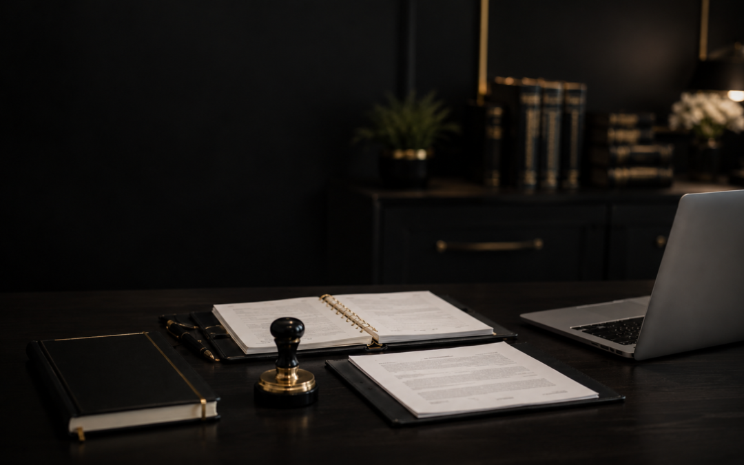 Professional notary workspace with laptop, documents, planner, journal, pen, and notary stamp on a dark office desk.
