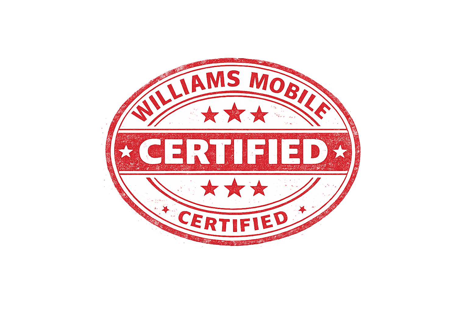Red certified stamp featuring the words Williams Mobile and Certified